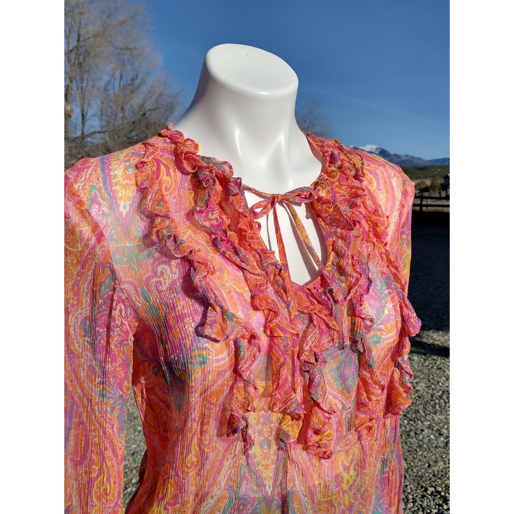 Lauren Ralph Lauren Silk Paisley Ruffle V Neck Tie Blouse Top S / P